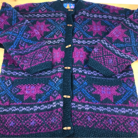 SOLD - Newari Wool Nepal Hand Knit Heavy Cardigan Sweater w/ Pockets size M - Picture 4 of 16